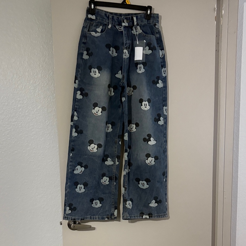 Mickey Mouse Patterned Wide Leg Jeans